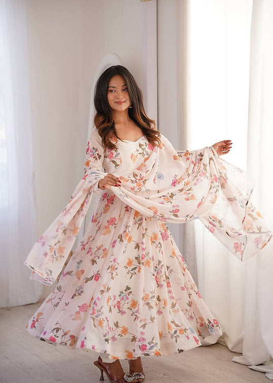 Printed Georgette Gown With Pant & Dupatta