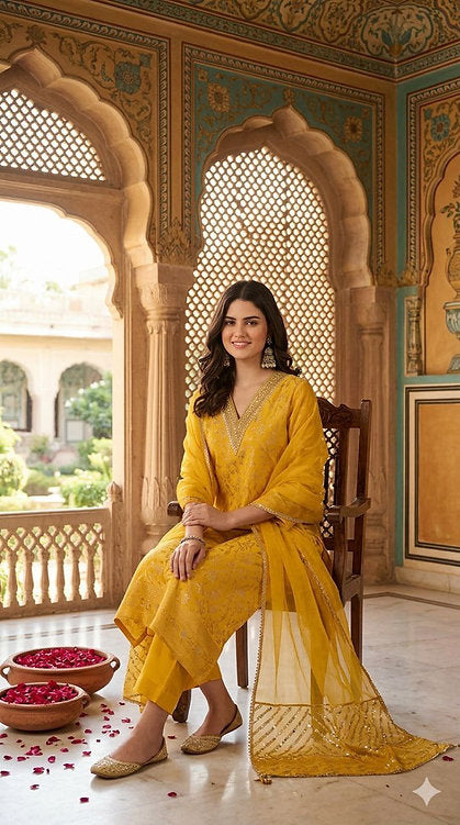 Jacquard Kurta Pant & Dupatta Set