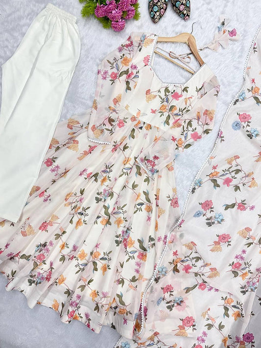 Printed Georgette Gown With Pant & Dupatta