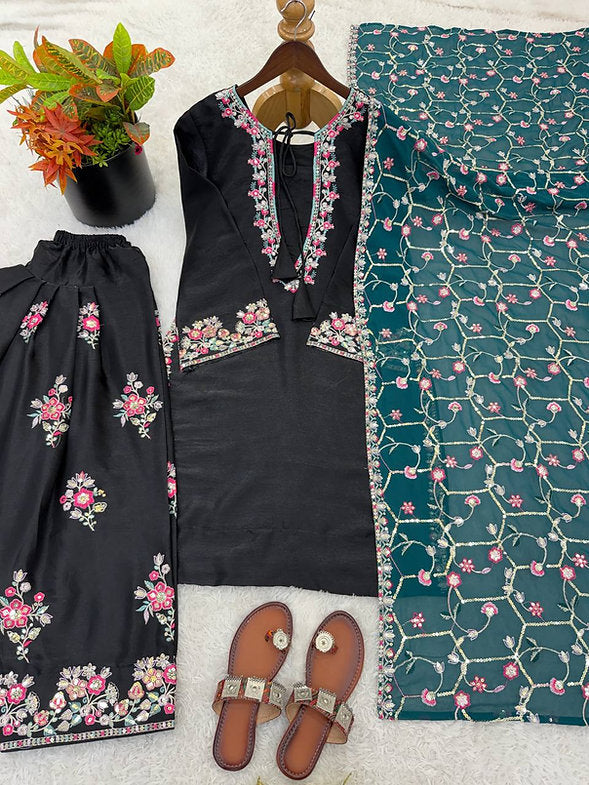 Black Rose Embroidered Suit Set