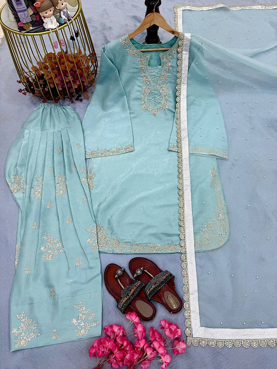 Designer Party Wear Look Pur Glass Satin Top & Farshi Palazzo With Dupatta set