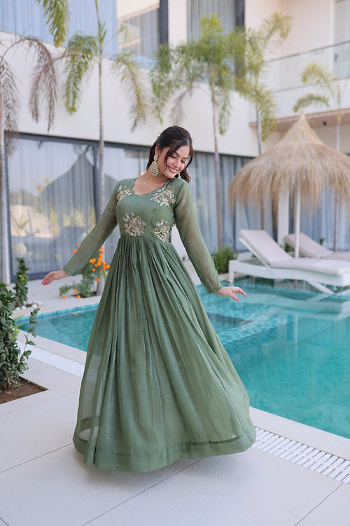 Silver Crunchy Beads Embroidery Gown