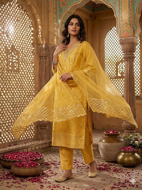Jacquard Kurta Pant & Dupatta Set