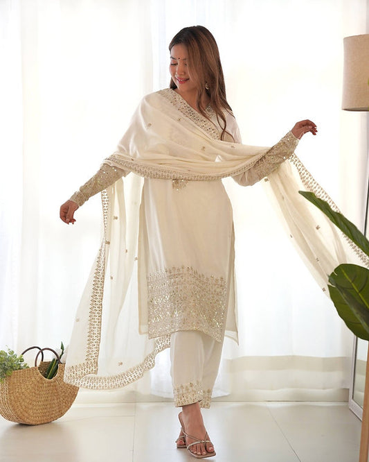 Straight Fit Kurta With Dupatta Set & Trouser