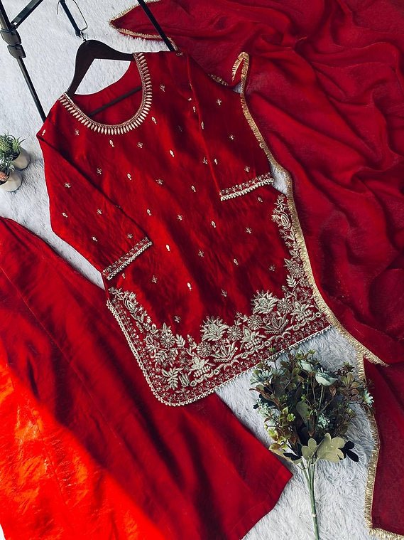 Sequence Embroidery Worked Top Palazzo And Dupatta