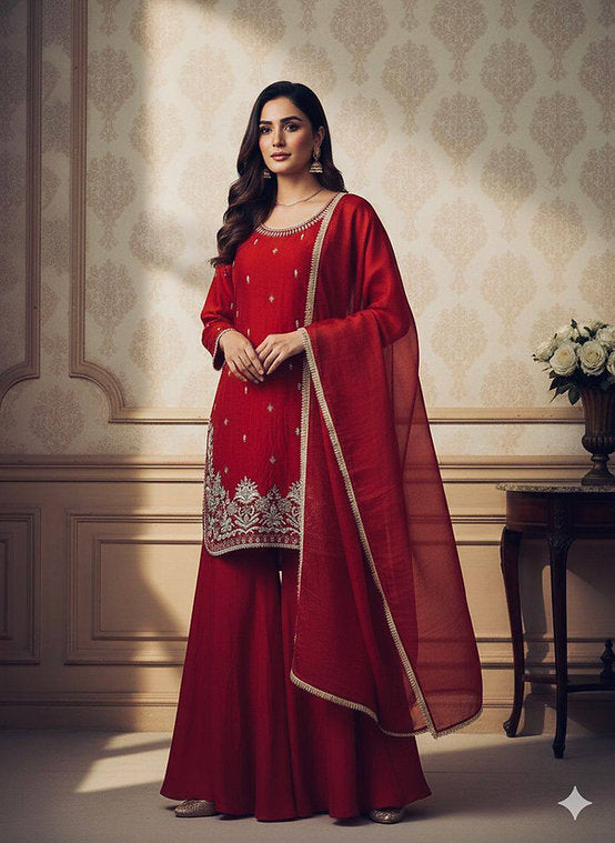 Sequence Embroidery Worked Top Palazzo And Dupatta