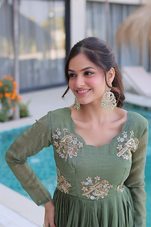 Silver Crunchy Beads Embroidery Gown