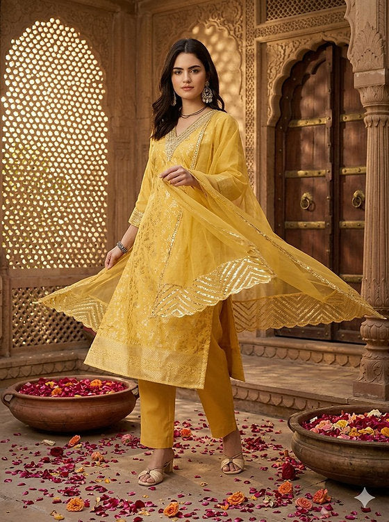 Jacquard Kurta Pant & Dupatta Set