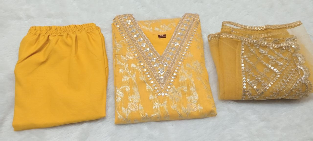 Jacquard Kurta Pant & Dupatta Set