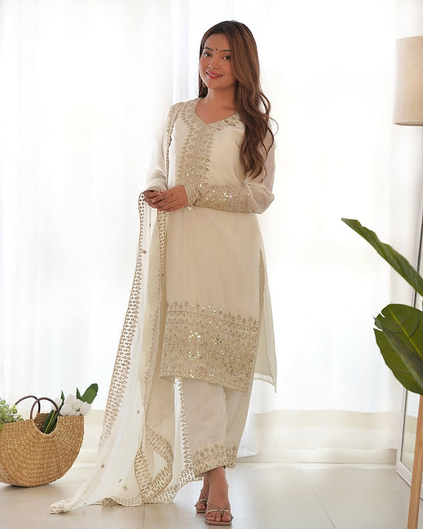 Straight Fit Kurta With Dupatta Set & Trouser