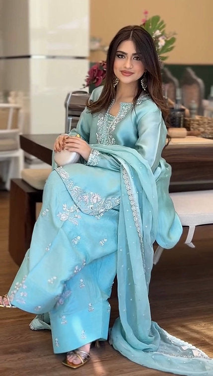 Designer Party Wear Look Pur Glass Satin Top & Farshi Palazzo With Dupatta set