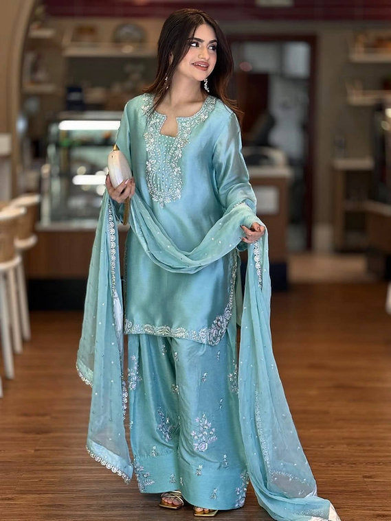 Designer Party Wear Look Pur Glass Satin Top & Farshi Palazzo With Dupatta set