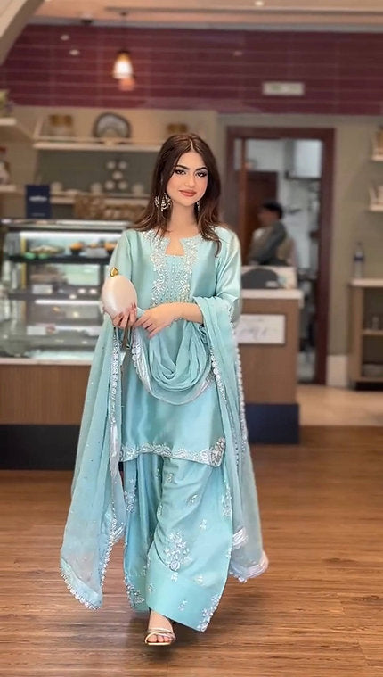Designer Party Wear Look Pur Glass Satin Top & Farshi Palazzo With Dupatta set