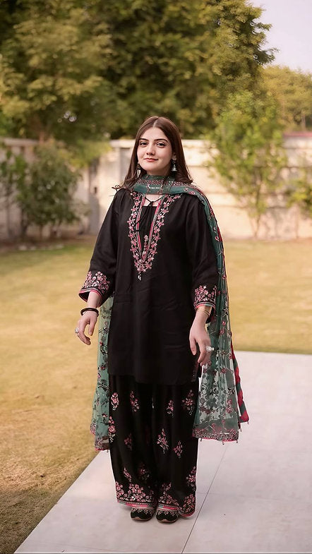 Black Rose Embroidered Suit Set
