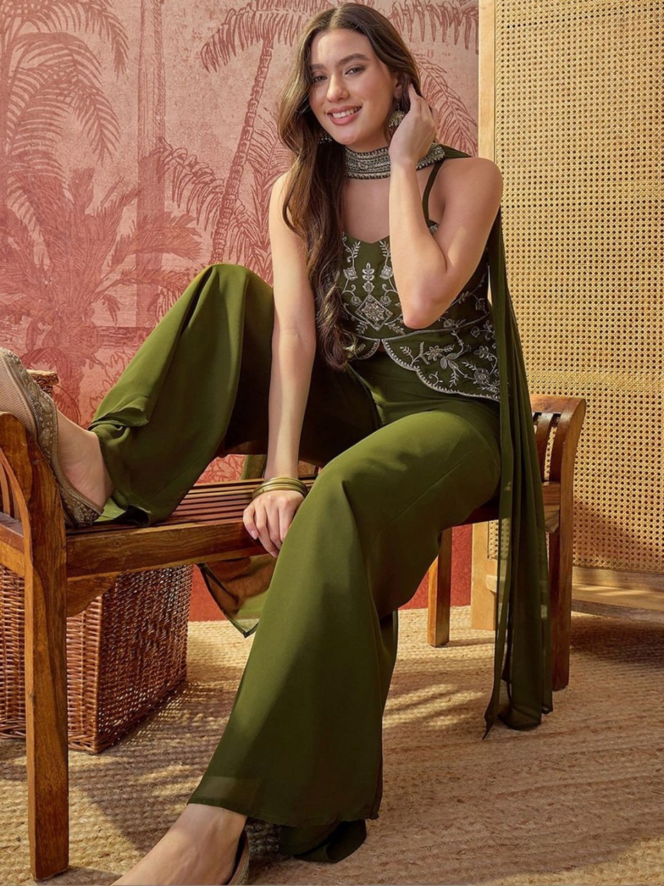 Olive Muse Embroidered Sharara Set