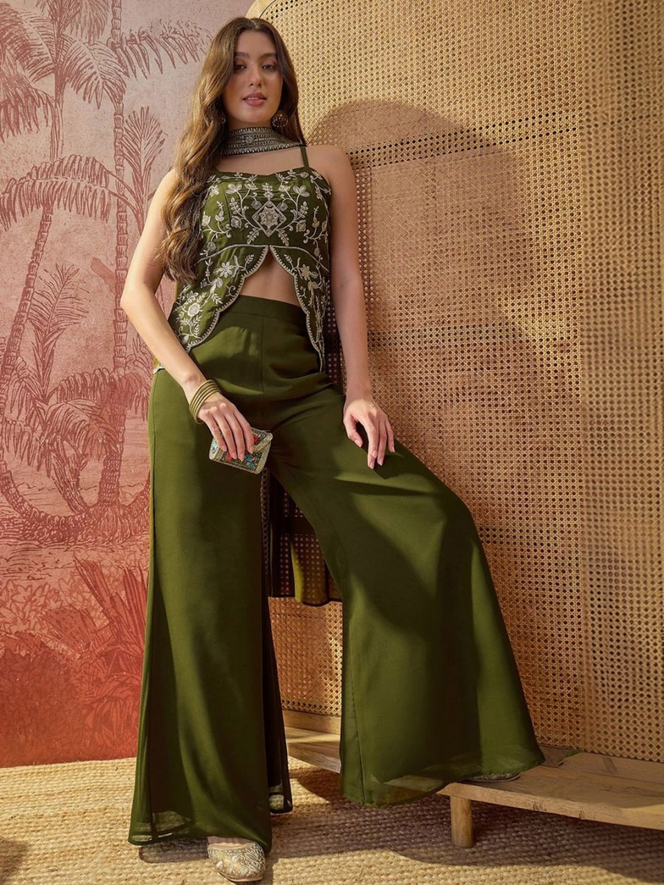 Olive Muse Embroidered Sharara Set