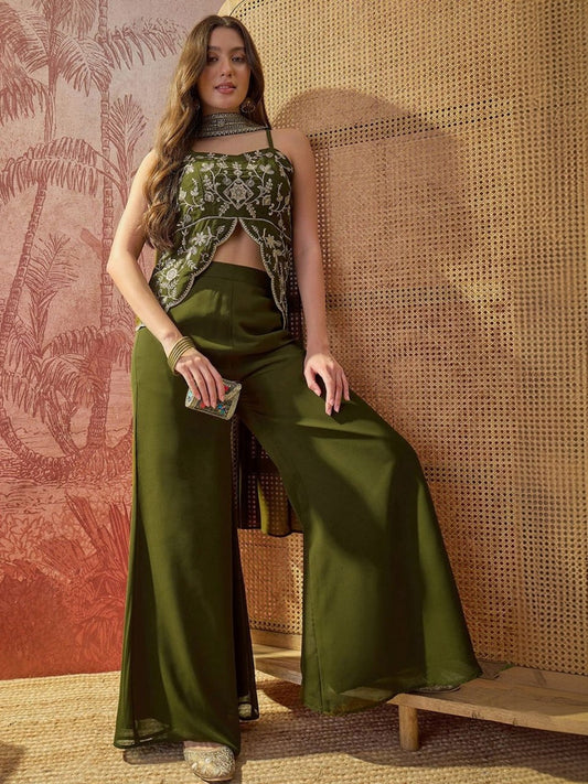 Olive Muse Embroidered Sharara Set