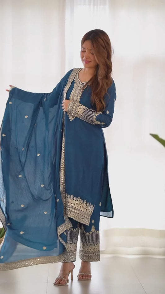 Pure Chinon Embroidery Kurta Set